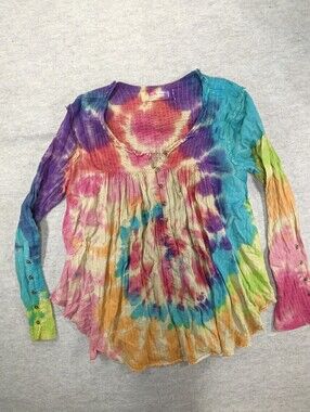We The Free Tie Dye Tunic Cotton Blouse Hippie Lightweight Long sleeve Funky L